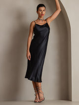 [Black] SilkSilky  Spaghetti Strap Cowl Neck Dress 005