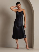 [Black] SilkSilky  Spaghetti Strap Cowl Neck Dress 006