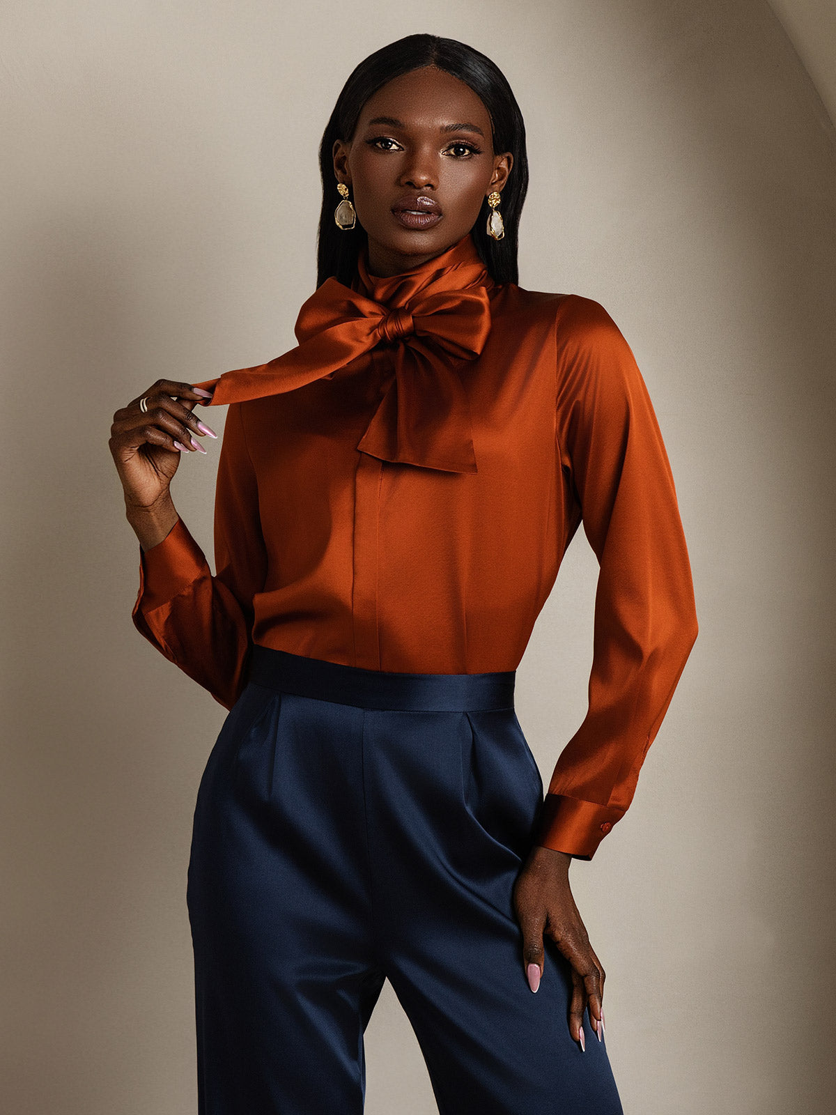 [Caramel] SilkSilky  19Momme Long Sleeve Tie Neck Blouse 001