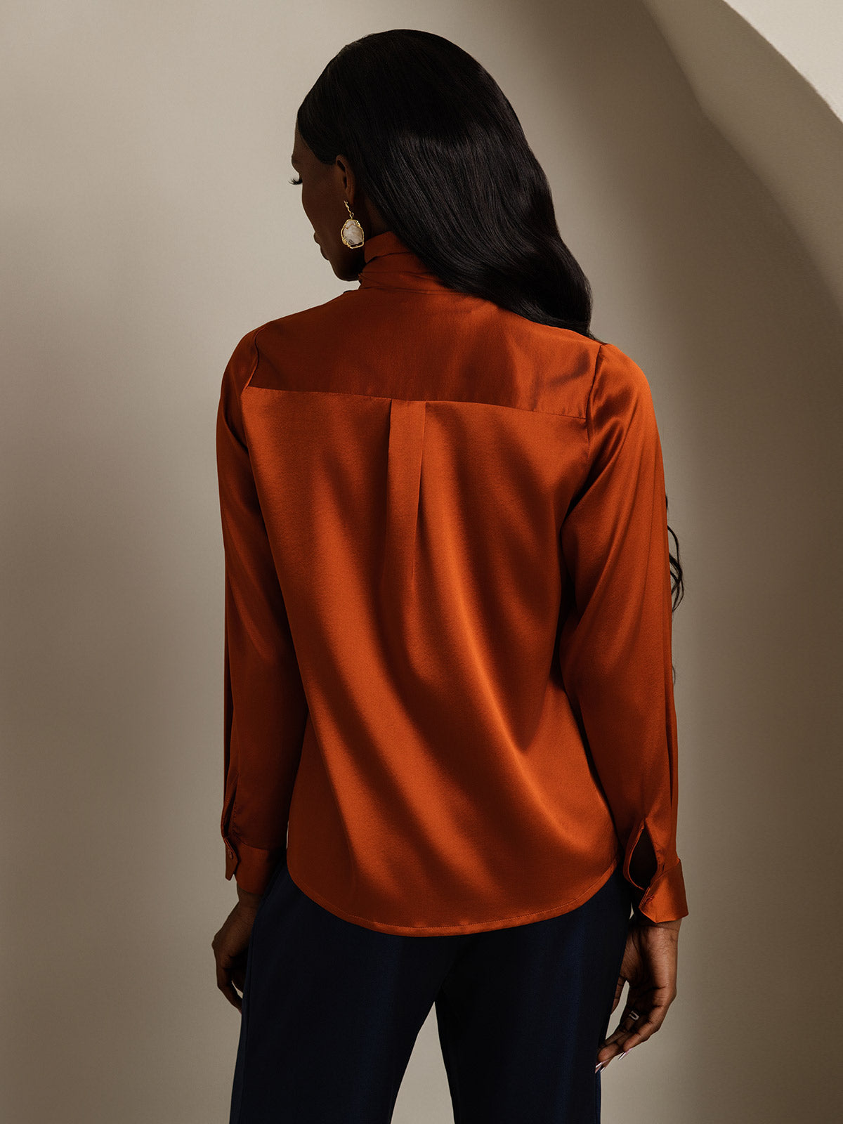 [Caramel] SilkSilky  19Momme Long Sleeve Tie Neck Blouse 002