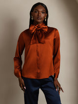 [Caramel] SilkSilky  19Momme Long Sleeve Tie Neck Blouse 003