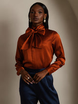 [Caramel] SilkSilky  19Momme Long Sleeve Tie Neck Blouse 004
