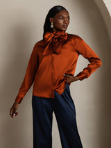 [Caramel] SilkSilky  19Momme Long Sleeve Tie Neck Blouse 005