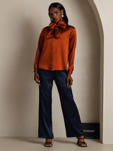 [Caramel] SilkSilky  Long Sleeve Tie Neck Blouse 008