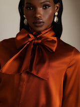 [Caramel] SilkSilky  Long Sleeve Tie Neck Blouse 010