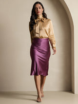 Champagne silk long sleeve bow tie blouse with burgundy satin midi skirt