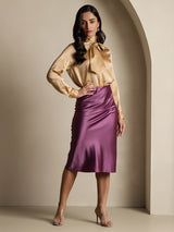 Champagne silk long sleeve high neck blouse with oversized bow tie