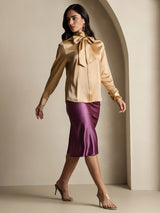 [Champagne] SilkSilky  Long Sleeve Tie Neck Blouse 009