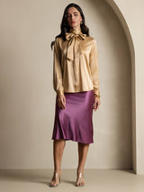 Champagne silk long sleeve high neck bow tie blouse with tailored fit
