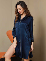 [Dark Blue] SilkSilky  Long Sleeve Lapel Collar Nightshirt 008