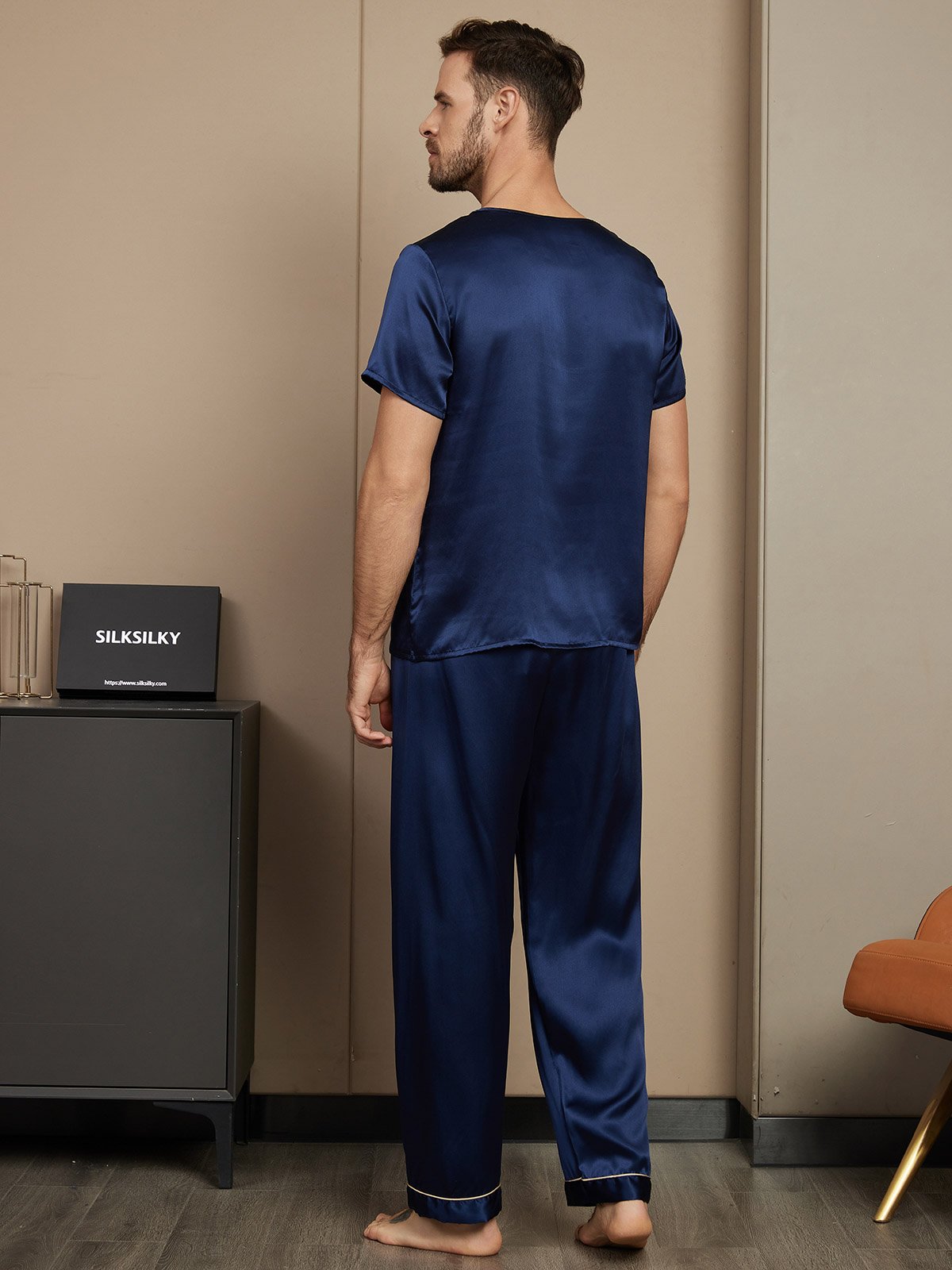 [Dark Blue] SilkSilky  Short Sleeve Round Neck Men's Pajamas 002