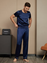 [Dark Blue] SilkSilky  Short Sleeve Round Neck Men's Pajamas 004
