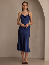 [Dark Blue] SilkSilky  Spaghetti Strap Cowl Neck Dress 004