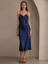 [Dark Blue] SilkSilky  Spaghetti Strap Cowl Neck Dress 005