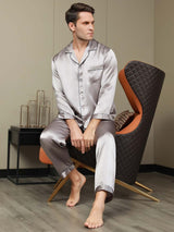 [Gray] SilkSilky  Long Sleeve Lapel Collar Men's Pajamas 001