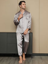 [Gray] SilkSilky  Long Sleeve Lapel Collar Men's Pajamas 004