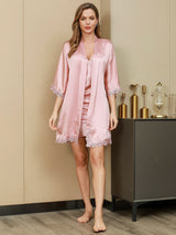 [Pink] SilkSilky  3/4 Sleeve V Neck Nightgown&Robe Set 002