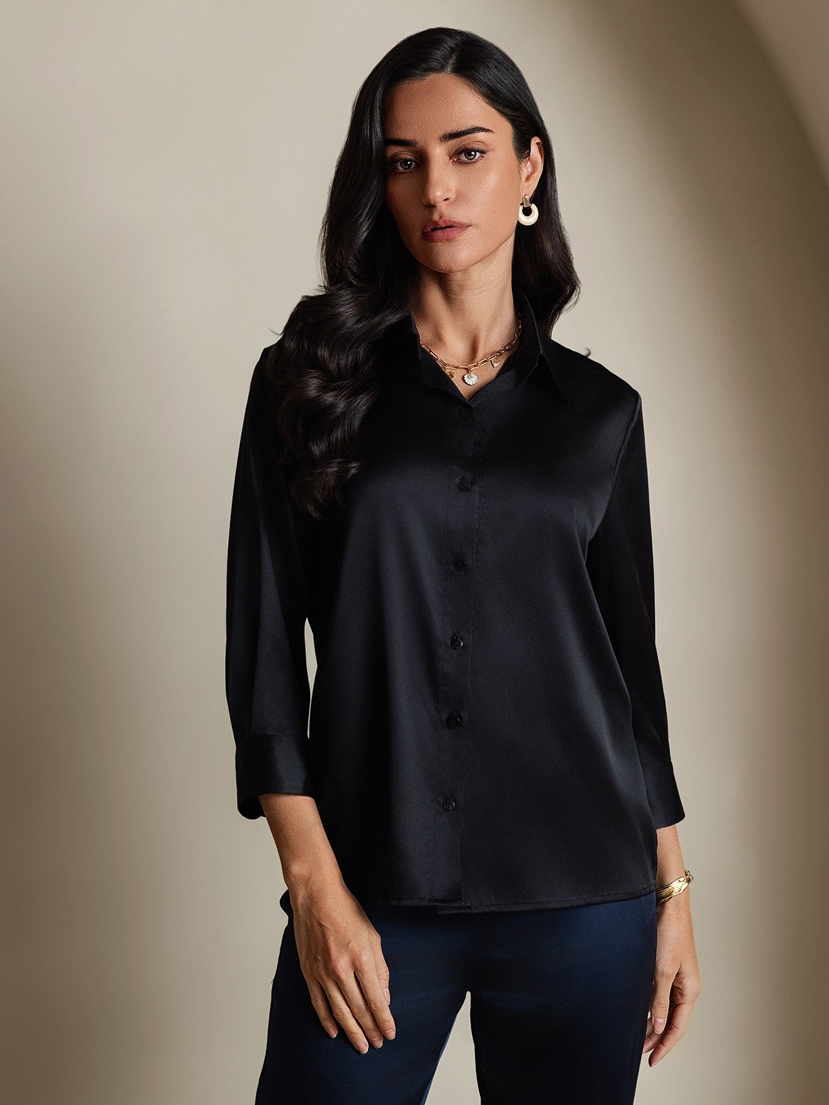 Black 19Momme silk 3/4 sleeve button-up blouse with lapel collar