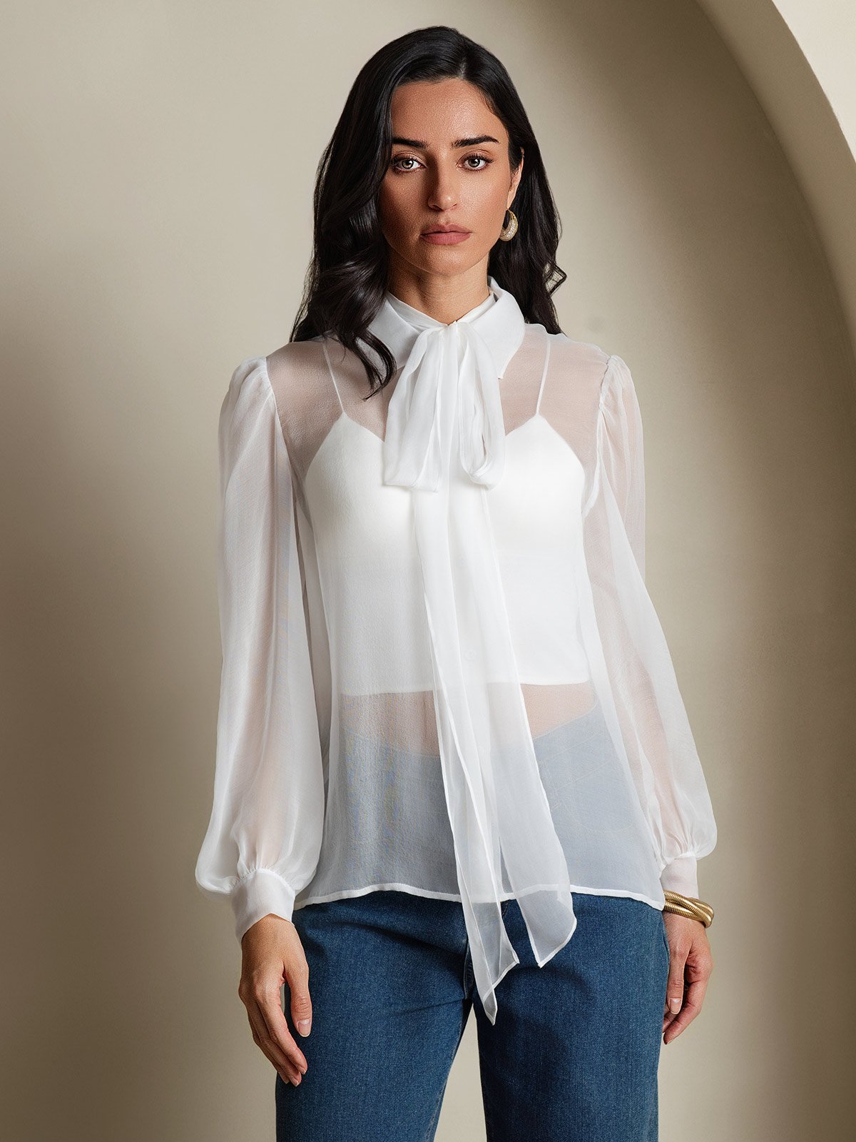 [White] SilkSilky  6Momme Silk Chiffon Long Sleeve Tie Neck Women's Shirt 001