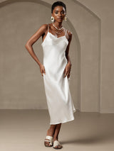 [White] SilkSilky  Spaghetti Strap Cowl Neck Dress 001