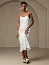 [White] SilkSilky  Spaghetti Strap Cowl Neck Dress 005