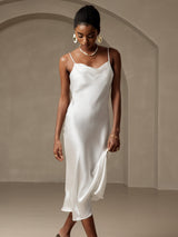 [White] SilkSilky  Spaghetti Strap Cowl Neck Dress 006