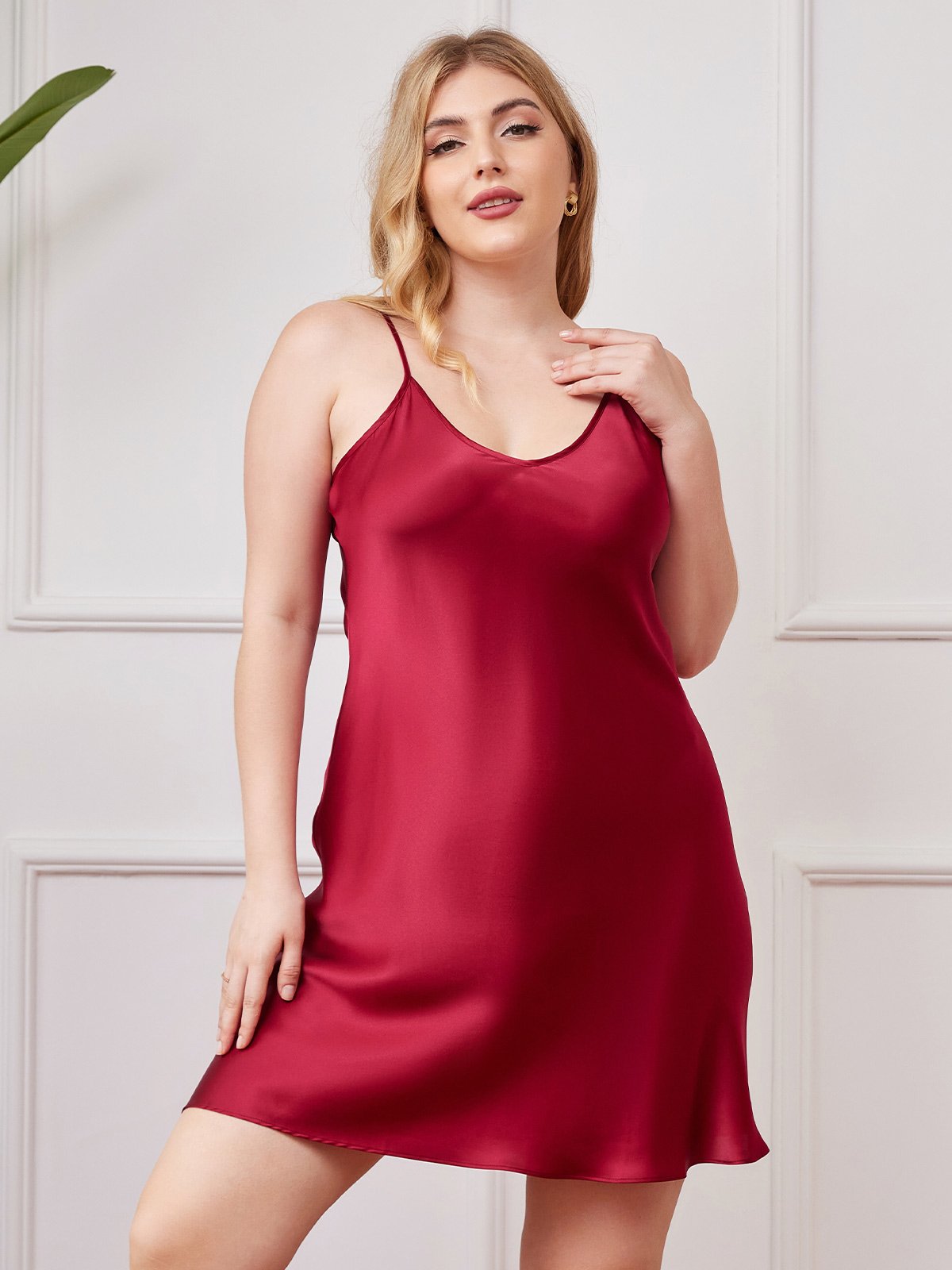 [Wine] SilkSilky  Spaghetti Strap V Neck Plus Size Dress 001