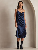 [Dark Blue] SilkSilky  19Momme Stretch Silk Charmeuse Spaghetti Strap Cowl Neck Camisole Top 007