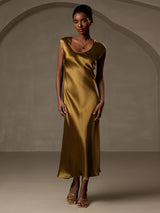 [Brown] SilkSilky  19Momme Stretch Silk Charmeuse Cap Sleeve Scoop Neck Dress 001