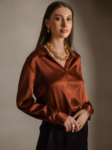 [Caramel] SilkSilky  Long Sleeve Lapel Collar Women's Shirts 003