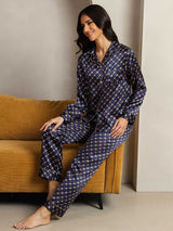 [Navy Chain] SilkSilky  Long Sleeve Lapel Collar Women's Pajamas 004