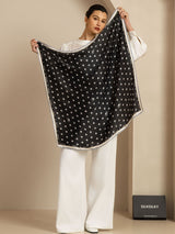 Black mulberry silk paw print square scarf with white border, shown spread open