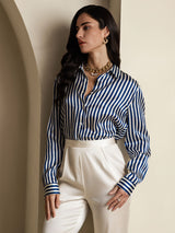 [Navy Stripe] SilkSilky  Long Sleeve Lapel Collar Women's Shirt 005