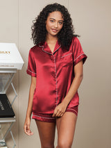 [Wine] SilkSilky  Short Sleeve Lapel Collar Women's Pajamas 003