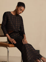 Black textured grid silk crop blouse and A-line long skirt set