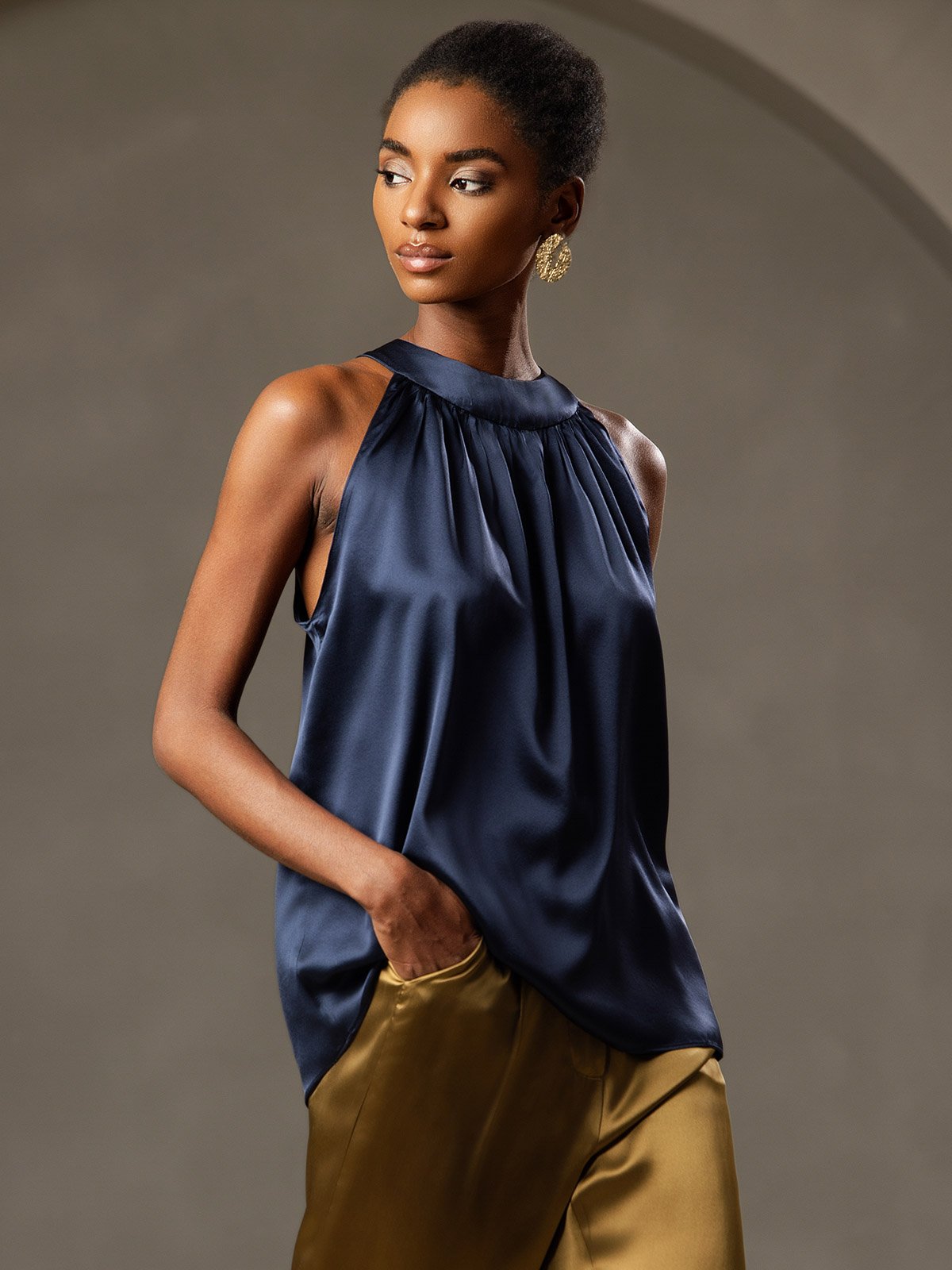 [Dark Blue] SilkSilky  Sleeveless Halter Women's T-Shirt 001