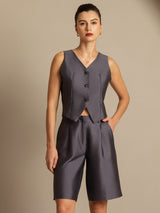Women's silk-wool blend V-neck vest in dark gray with button detail