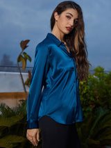 [Teal] SilkSilky  Long Sleeve Lapel Collar Women's Shirt 004