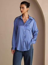 [Blue Pinstripe] SilkSilky Long Sleeve Lapel Collar Women's Shirts 004