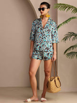 [Teal Botanical] SilkSilky  Half Sleeve Lapel Collar Women's Pajamas 005