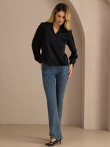 [Black] SilkSilky Long Sleeve Wrap Women's Blouse 006
