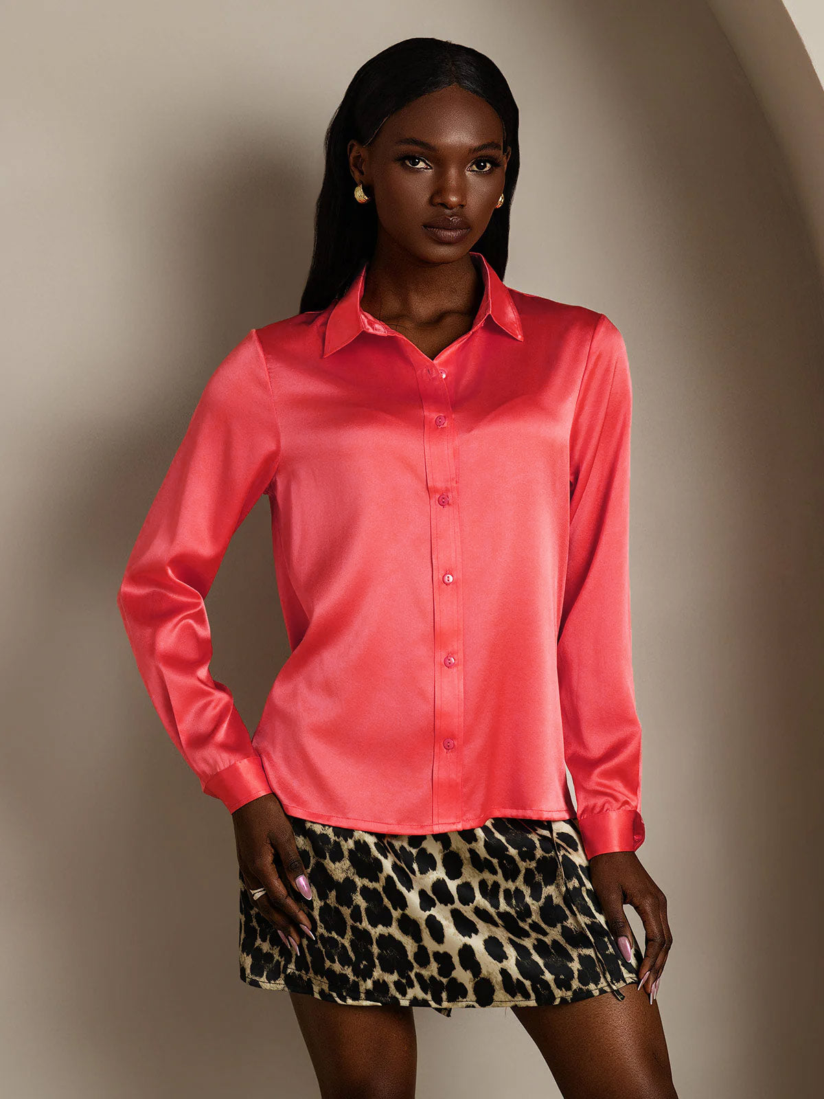 [Imperial Red] SilkSilky  19Momme Stretch Silk Charmeuse Long Sleeve Lapel Collar Women's Shirt 001