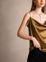[Brown] SilkSilky  Spaghetti Strap Cowl Neck Camisole Top 004