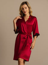 Red pure silk women’s robe with lace cuffs and self-tie belt