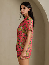 [Coral Serval] SilkSilky Short Sleeve Notch Collar Women's Pajamas 004