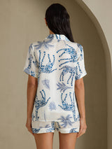 [White Giraffe] SilkSilky Short Sleeve Notch Collar Women's Pajamas 002