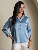 [Grayish Blue] SilkSilky  3/4 Sleeve Lapel Collar Women's Shirts 003