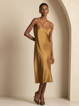 [Brown] SilkSilky Spaghetti Strap U Neck Dress 001