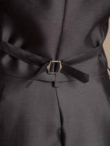 Dark silk-wool blend vest with wrap waist belt and metal buckle detail
