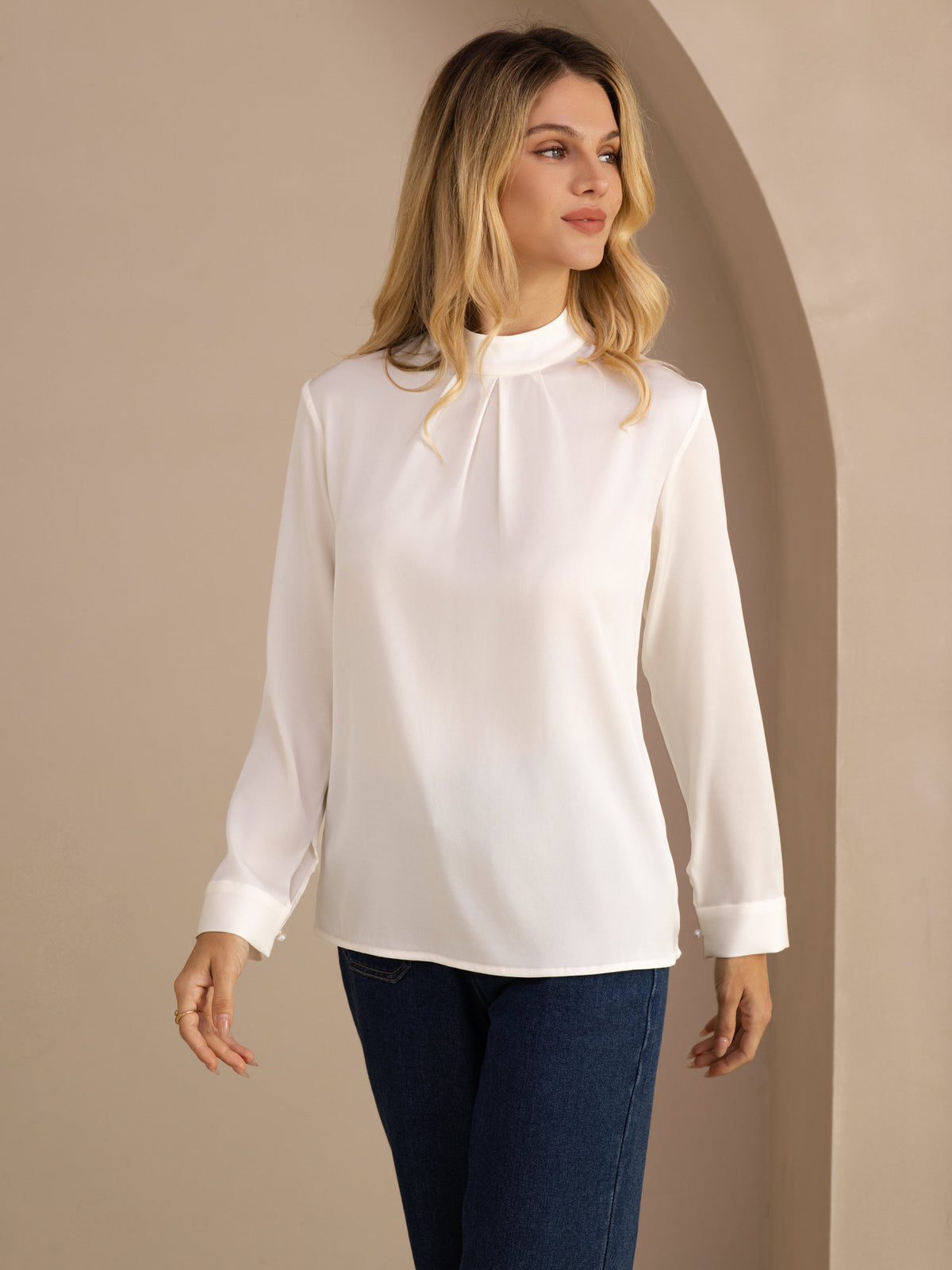 [White] SilkSilky Long Sleeve Stand Collar Women's Blouse 001